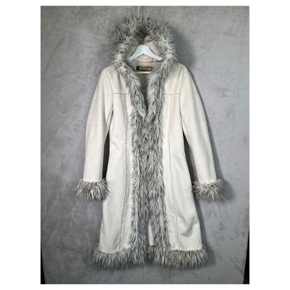 Y2K Bebe Ivory Faux Suede M Fur Trim Hooded Long Penny Lane Style Coat 2000s
